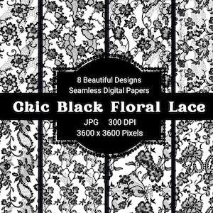 Papel digital elegante con encaje floral negro / Patrón sin costuras / 3600 x 3600 píxeles / Alta resolución 300 DPI para manualidades, scrapbooking y diseño
