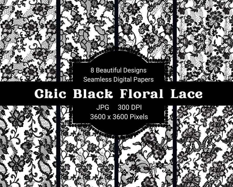 Chic Black Floral Lace Digital Paper | Seamless Pattern | 3600 x 3600 Pixels | High-Resolution 300 DPI for Crafting, Scrapbooking, & Design image 1