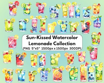 Sun-Kissed Watercolor Lemonade Collection - Lemonade Clipart - 5"x5" - 300 DPI - Digital Art - Digital Download - Canva Link - 31 PNG Images