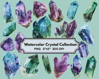 May include: A collection of 17 watercolour illustrations of various crystals in shades of purple, blue, and green. The crystals are rendered in a realistic style, with intricate details and a soft, ethereal glow. The image is labelled "Watercolor Crystal Collection PNG 5"x5" 300 DPI".