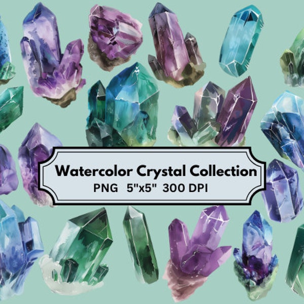 Watercolor Crystal Collection - Clipart - Crystal Clipart - 5"x5" - 300 DPI - Digital Art - Digital Download - Canva Link - 19 PNG Images