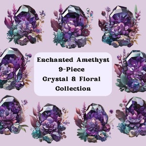 May include: Nine purple amethyst crystals surrounded by purple and green flowers. The text "Enchanted Amethyst 9-Piece Crystal & Floral Collection" is displayed below the crystals.