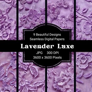 Lavender Luxe Digital Papers | 3D Embossed Lace | High-Resolution 300 DPI | 9 Seamless Designs | Scrapbooking, Crafts, Wedding, and POD