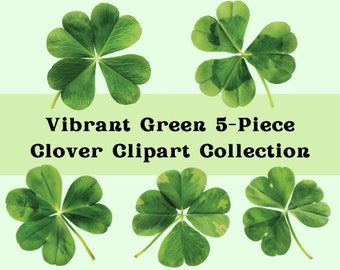 Vibrant Green 5-Piece Clover Clipart Collection with Editable Canva Template - Digital Download | Clover Clipart | Shamrock Art | PNG