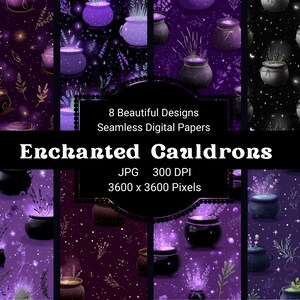 May include: A digital paper set with eight seamless designs. The image shows enchanted cauldrons with plants and herbs, set against dark purple and black backgrounds. The image text reads "Enchanted Cauldrons".