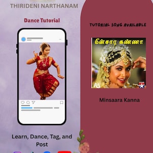 Puede incluir: Anuncio de un tutorial de baile. La imagen presenta a una bailarina con un atuendo rojo, un gráfico de teléfono inteligente y el texto "Learn, Dance, Tag, and Post". También hay iconos de redes sociales. El texto "Minsaara Kanna" también es visible.