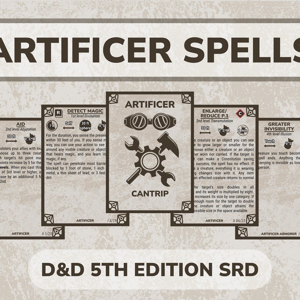 Artificer Spell Cards for DnD | Dungeons and Dragons Game Accessories | PDF for Print