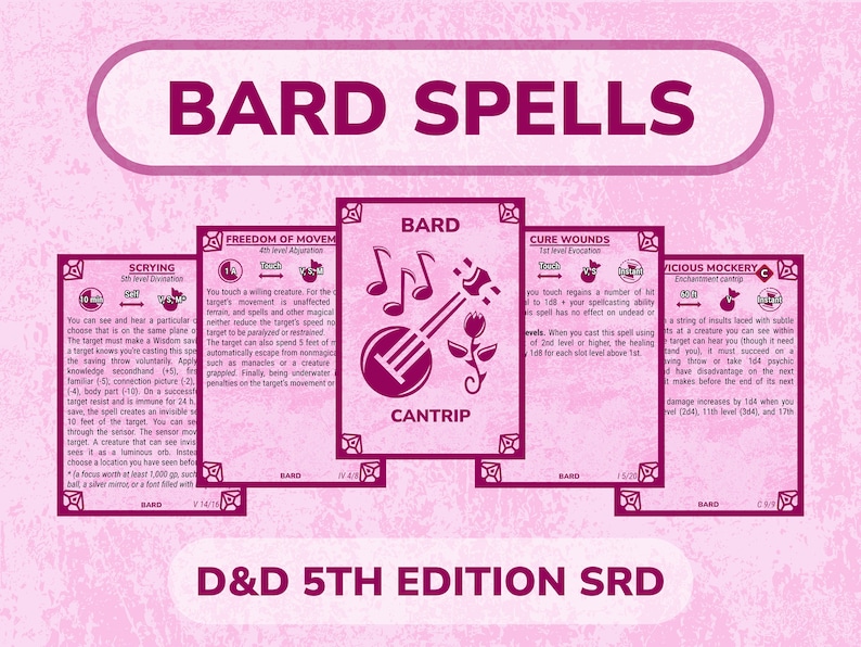 Bard Spell Cards for Dnd Dungeons and Dragons Game Accessories PDF for