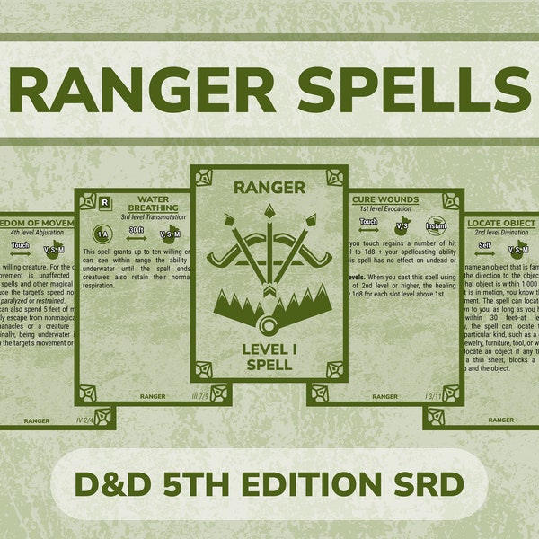 Ranger Spell Cards for DnD | Dungeons and Dragons Game Accessories | PDF for Print