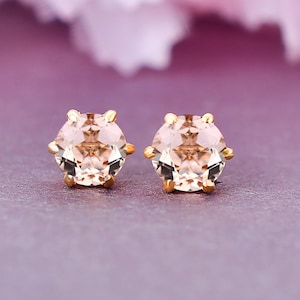 Morganite Stud Earring, Round Shaped Earring, Birthstone Jewelry, Women Earring Studs, Everyday Earring Studs, Peachy Pink Morganite,14KGold