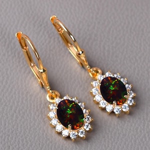 Black Opal Earring, Leverback Opal Earring, Drop & Dangle Earring, Anniversary Gifts, Oval Opal Earring, Birthstone, Women Earring For Her