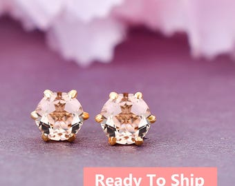 Peachy Pink Morganite Stud Earrings, 14K Gold, Sterling Silver