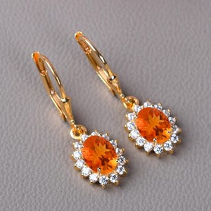 Fire Opal Leverback Earring, Diamond Drop Earring, Opal Dangle Earring, Wedding Engagement Gift, Women Earring, Orange Opal Earring, Jewelry
