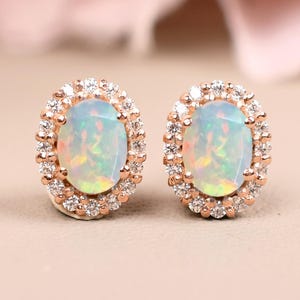 18k Solid Gold Opal Earring Stud, Opal Oval Halo Stud, Anniversary Gifts, Wedding Earrings, Bridal Earrings, Gift For Love, Birthstone Stud
