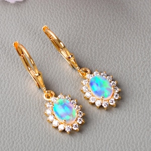 14K Gold Opal Earring, Leverback Drop Earring, Anniversary Gifts, Oval Opal Earring, Birthday Gift, Bridal Diamond Earring, Dangle Earring