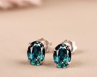 Teal Sapphire Sterling Silver Stud Earrings, Oval September Birthstone, Anniversary Gifts For Her