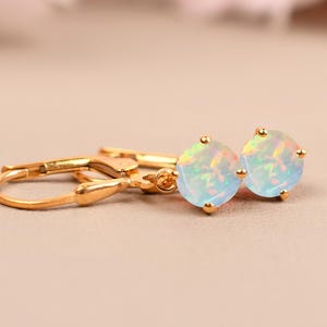 Natural Opal Earring, Drop and Dangle Earring, Opal Leverback Earring, Wedding Engagement Gifts, Round Opal Earring, 14K Gold Opal Earring