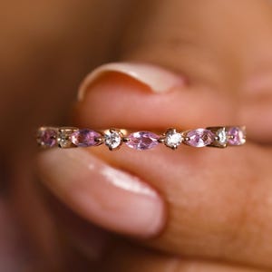 Pink Sapphire Band Ring Minimalist Sapphire Ring Half Eternity Sapphire Band Wedding Engagement Gifts Diamond Promise Ring 14K Gold Sapphire