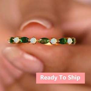 Marquise  4X2MM Emerald Opal Band, Dainty Stackable Band, Bridal Anniversary Gifts