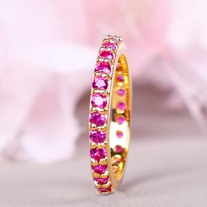 14K Gold Ruby Eternity Band, Stackable Wedding Ring