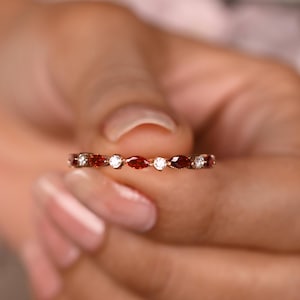Red Garnet Wedding Band, Garnet Eternity Ring, Unique Marquise Ring, 14K Solid Rose Gold Round Dainty Wedding Ring Anniversary Gifts for her