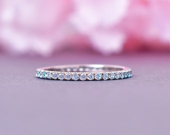 1.8mm Micro Pave Eternity Aquamarine Ring, Delicate Aquamarine Wedding Band Full Eternity Stacking Ring Anniversary Gift for Her Bridal Ring