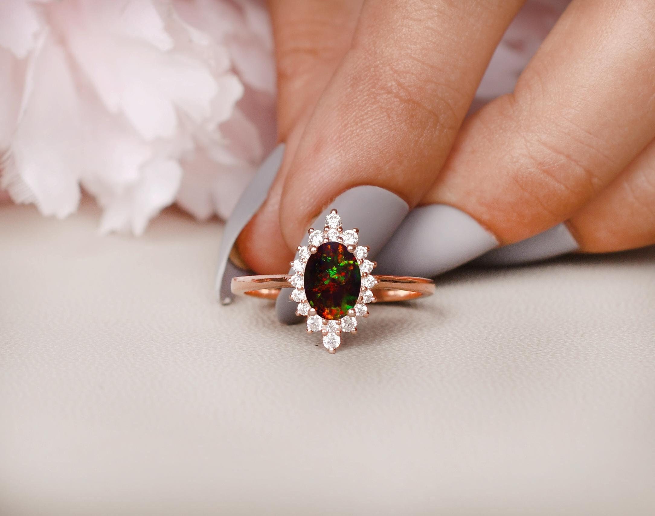 Premium Grade Solid Gold Black Opal Engagement Ring with Diamond Cluster – Luxury Wedding Ring, Unique Anniversary Gift for Her