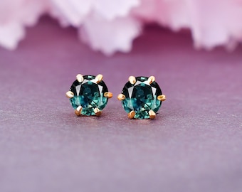 Teal Sapphire Gold Earrings For Women, Engagement Bridal Bridesmaid Round Blue Green Teal Sapphire Earrings Wedding Anniversary Gift For Her