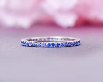 Gold Tanzanite Ring 1.8mm Micro Pave Eternity Delicate Tanzanite Wedding Full Eternity Stacking Band Wedding Ring Anniversary Gift for Her