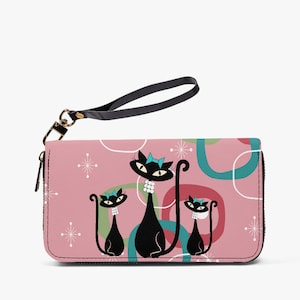 Atomic Cat in Pearls Wristlet Pink- MCM Purse- Mid Mod Wallet- Vegan Leather