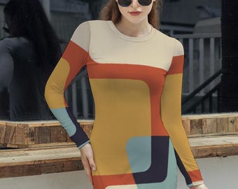Mid Century Mini Dress, Long Sleeve, GOGO Dress- MCM Mid Mod Dress, Color Block Dress
