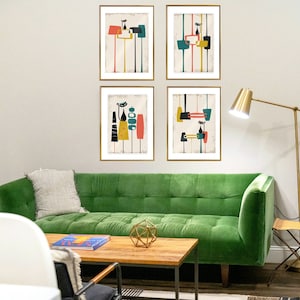 Mid-Century Modern Atomic Cat In Pearls Poster set of 4