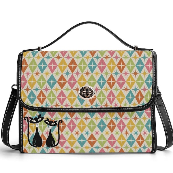 atomic cat satchel,mid-century modern tote,retro handbag, atomic cat in pearls purse, mcm, 50s handbag,60s fashion,70s apparel, hippie chick