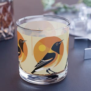 MCM Vintage Retro Oriole Cocktail DOF Glass 1/2/4 pc set, Birds Rocks Glass, Double Old Fashioned Glass