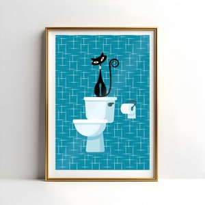May include: A black cat sits on a white toilet with a blue toilet seat. The toilet is against a blue tiled wall with a white toilet roll on a holder.