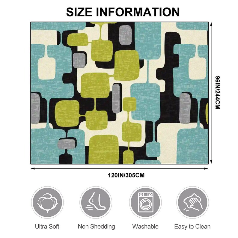 May include: A rectangular rug with a geometric pattern of teal, lime green, grey, black, and cream-coloured shapes. The rug measures 305cm by 244cm. Features include ultra-soft material, non-shedding fibres, and is washable and easy to clean.