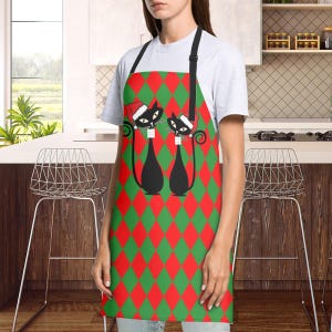 アトミックキャットのクリスマスエプロン、MCMのレトロエプロン、キッチュなMCMグリルマスター - ミッドモッドキッチン、50年代のキッチンデコレーション