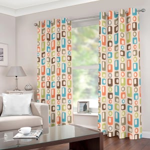 May include: A pair of cream-coloured curtains with a geometric pattern of orange, brown, green, and blue squares and circles. The curtains are hung on a silver curtain rod with silver eyelets.