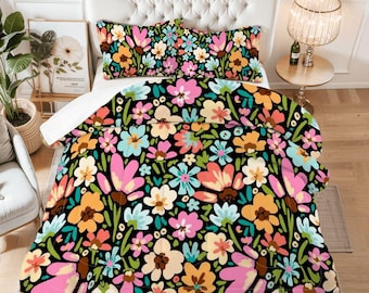 Boho Floral Comforter Set ~ Boho Bedding ~ Bold Botanical Print ~ Cottagecore Flower Duvet Cover
