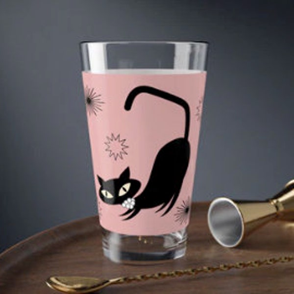 MCM Pink Atomic Cat in Pearls Glassware 16 oz.