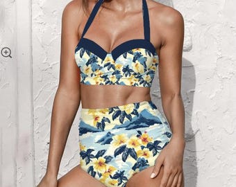 MCM Vintage Hawaiian Design Bikini, Retro Vintage Halter High Waist Bikini, 60s Swimwear