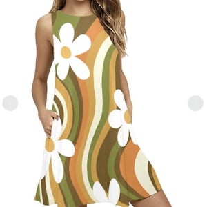 Groovy Mid Mod Dress, Orange and Green Daisy Waves  Sleeveless A-Line Pocket Dress- Mid Mod Dress, Geo Design Dress