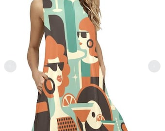 Vestido hippie sin mangas con bolsillos en forma de A y estampado de guitarras y discos Groovy, vestido de estilo moderno a media pierna, vestido de flores