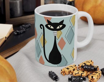MCM Atomic Cat Coffee Mug, (11oz) Vintage Sexton Cat Coffee Cup- Mid Century Coffee Cup Gift