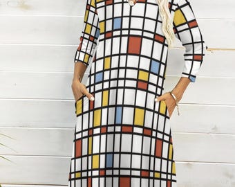 1960s 3/4 length Sleeve Polka Dot Dress -Groovy Mondrian Geo Mid Mod Mini Dress, 1960 MCM Geo Design Mid Sleeve Shift 1960s Abstract Shift