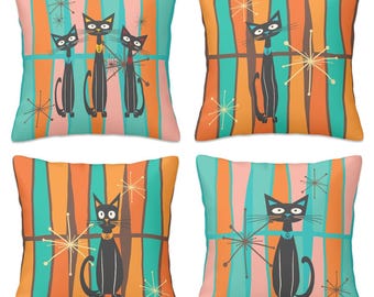 MCM Pillow Set - Atomic Cat Pillow Covers - Mid Century Modern Design - Retro Atomic Cat Pillow Cover Only-Throw Pillow Case Mid Mod
