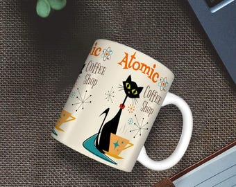 MCM Atomic Cat Coffee Mug- Cat Lover Coffee Gift - Mid Century Modern Cat Coffee Cup