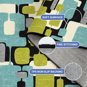 May include: A rug with a retro design featuring a pattern of green, blue, grey, and white shapes on a black background. The rug has a soft surface, fine stitching, and TPR non-slip backing.