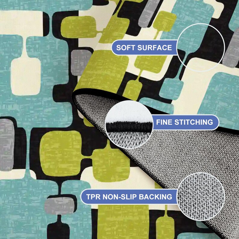 May include: A rug with a retro design featuring a pattern of green, blue, grey, and white shapes on a black background. The rug has a soft surface, fine stitching, and TPR non-slip backing.