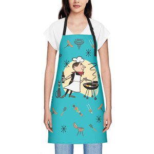 アトミックキャットBBQエプロンMCMレトロエプロンキッチュMCMグリルマスター - ミッドモッドキッチン、50年代キッチンデコレーション